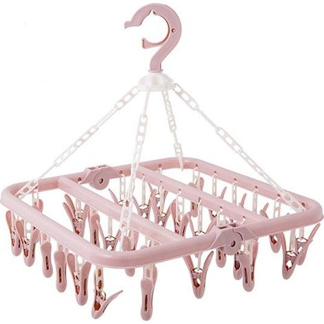 Tendedero plegable con 32 pinzas - Gancho giratorio - Resistente al viento - Porta calcetines - Tendedero - Ropa interior - Percha ahorradora de espacio - Color rosa