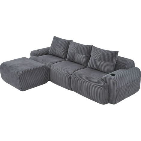 GagaCanapé modulaire 3 places avec poufs en velours côtelé gris foncé (1/5)