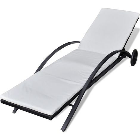 Transat chaise longue bain de soleil lit de jardin terrasse meuble d'extérieur avec coussin et roues résine tressée noir