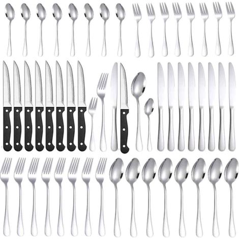 Service de table 48 pièces en acier inoxydable, coffret cadeau pour 8 personnes comprenant un couteau à steak, une fourchette et une cuillère de style occidental. (1/5)