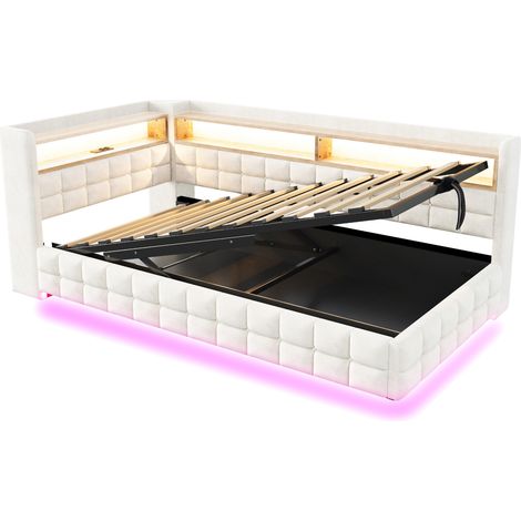 Lit rembourré 90 x 200 cm avec rangement hydraulique, LED, prises USB-C, beige (1/5)