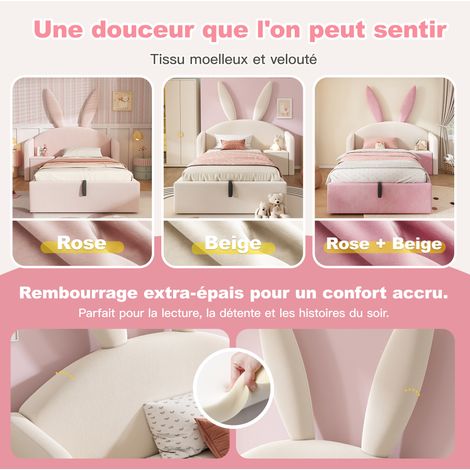 Cama infantil 90x190 cm de terciopelo beige con orejas y almacenamiento, sin colchón (1/5)