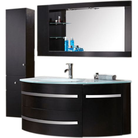 Ensemble de meubles de salle de bain 120 cm – Lavabo en verre moderne – Colonne 35x30x140 cm – Miroir 120x60 cm – 2 portes en MDF laqué noir – Eliteshopping (1/5)