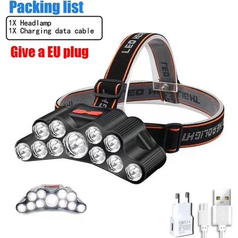 Lampe frontale rechargeable USB (11 LED - Prise UE) à haute luminosité avec 8 LED, 4 modes d'éclairage, étanche IPX4. (1/5)