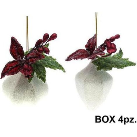 4 palle diamantate floreali per albero natale 15 cm - colore rosso/bianco - addobbo natalizio decorazione