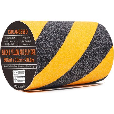 Black and yellow anti-slip tape, 20cm x 10.6m, anti-slip strips for outdoor stairs, yellow and black for stair warnings, steps, and flooring. (1/5)