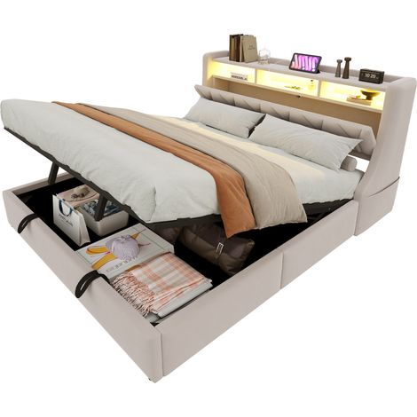 Lit rembourré 180 x 200 cm, lit de rangement hydraulique, tête de lit rembourrée rabattable avec rangement, prise et tablette, éclairage LED, pieds de lit élargis, tissu en velours beige, ancien SKU L (1/5)