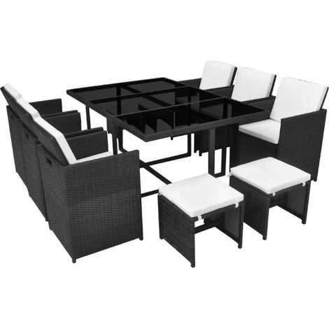 Table rectangulaire et 6 chaises de jardin résine tressée noir Iris (1/5)