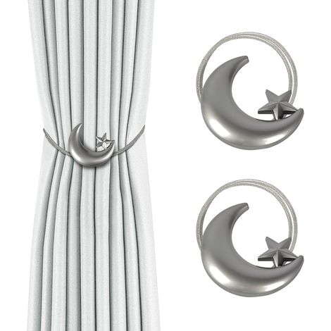 JSSEVN - Magnetic Curtain Tiebacks, Metal Curtain Tiebacks for Home Decor, Living Room, Bedroom, Silver Star Moon (1/5)