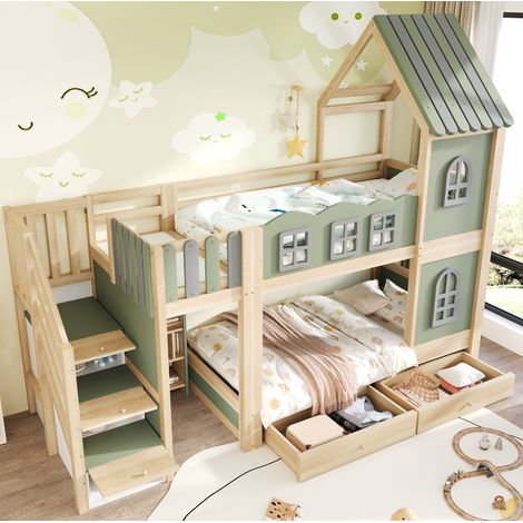Letto a castello Häuschen 90x200 cm in legno verde/grigio/naturale con scala contenitore e cassetti (1/5)