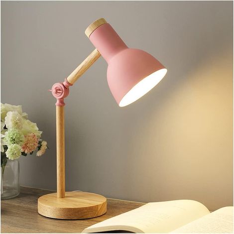 Lampe de table de chevet, lampe de bureau en bois moderne avec abat-jour en métal Lampe de chevet réglable pour bureau, salle d'étude, chambre à coucher, salon, chambre d'enfant, lecture,Rose