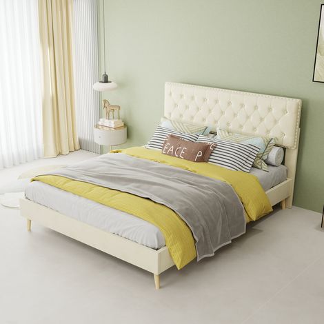 Lit moderne minimaliste et moelleux avec tête de lit confortable et douce, cadre de lit bas 140 x 200 cm en tissu beige, meuble de chambre multifonctionnel sans barre de levage, matelas non inclus. (1/5)