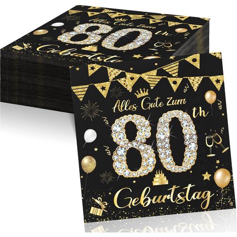 Lot de 40 serviettes de décoration de table en papier noir doré pour 80e anniversaire homme femme 33 x 33 cm (1/5)