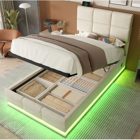 Letto a cassone bambini 90x200 cm con porta USB, illuminazione LED e testiera regolabile, in velluto, senza materasso, beige (1/5)