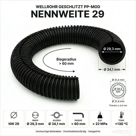 25m PP Wellrohr geschlitzt NW 29 Schwarz Innen-Ø 29,3 mm UV-beständig