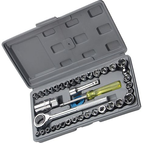 Jeu de 40 clés à douilles et cliquet, acier au carbone trempé, entraînement 1/4 et 3/8 pouce, coffret complet pour mécanique et bricolage. (1/5)