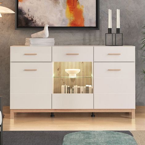 Aparador Nereto, Alacena 2 Cajones, 3 Estantes, Puertas Abatibles y Correderas, 154x41.5x89h cm Blanco Crema (1/5)