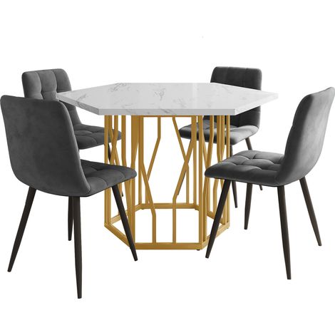 Conjunto de mesa de comedor de 5 piezas mesa hexagonal efecto mármol y 4 sillas de terciopelo gris (1/5)