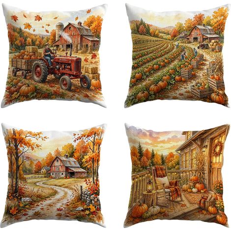 Fundas de cojín decorativas con diseño de calabaza otoñal, 45 x 45 cm, juego de 4, Día de Acción de Gracias, estilo rústico, sala de estar al aire libre, tractor y hojas de arce. (1/4)