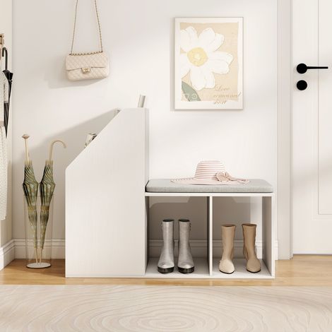 Banc de Rangement à Chaussures avec Coussin de Siège Amovible Banc d'Entrée avec 3 Compartiments Inférieurs et 3 Latéraux Blanc (1/3)