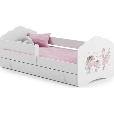 Letto per bambini - fata e unicorno - con cassetto, materasso e sbarra di protezione - 160x80 cm (1/5)
