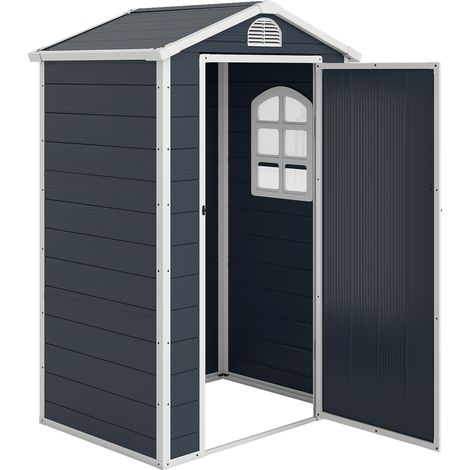 Abri de jardin 1,1 m², abri à outils avec toit en pente, 134 x 104 x 204 cm, abri de jardin en plastique avec porte verrouillable, ouverture de ventilation et fenêtre, gris foncé (1/5)