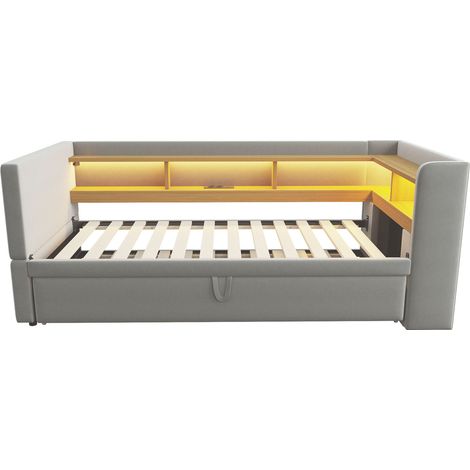 Cama nido tapizada 90/180 x 190 cm gris claro con LED, enchufes y almacenaje (1/5)