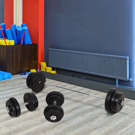 65 kg Langhantel- und Scheibenset mit 2 Kurzhanteln, Fitnessstudio-Langhantel-Kurzhanteln mit 14 Stahl- und Kunststoffscheiben