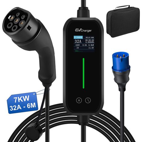 Câble de recharge Type 2 32A 7kW monophasé 6m portable contrôle APP JUNSUN