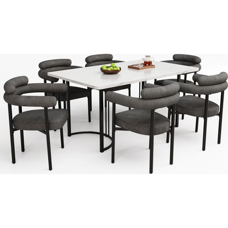 Ensemble table et chaises de salle à manger (7 pièces), avec pieds de table design en métal, comprenant 6 fauteuils en daim gris, élégants et confortables, adaptés aux restaurants. (1/4)