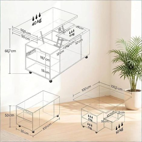 Petite table à manger, table basse mobile, table de salon relevable avec roulettes verrouillables, table d'appoint, bureau (uniquement avec 1 bureau) (1/4)