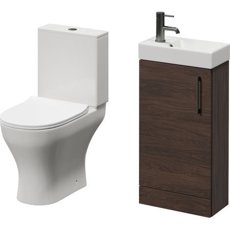 Napoli Cube Brown Oak 400mm Single Door Vanity Unit and Jubilee Toilet Suite with Align Basin - 400mm - Gunmetal Grey 160mm Handle