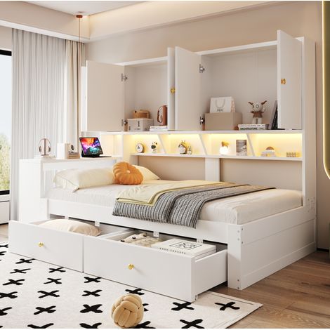 Einzelbett 90 x 200 cm mit Schreibtisch, Schränken, Schubladen, LED und Steckdose (1/5)