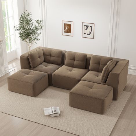 Canapé d'angle modulable velours côtelé marron avec pouf 3 places assise profonde livré monté