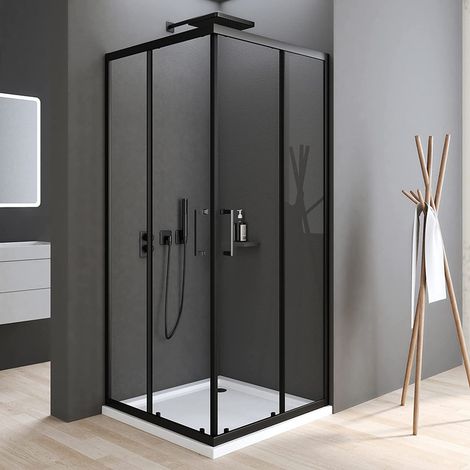 Schwarzer Duschkabine 90x100 cm Schiebetür Eckeinstieg, Duschkabine 100x90 cm Eckeinstieg Duschabtrennung mit 6mm ESG Sicherheitsglas Glas Duschwand, Dusche Schiebetüren Höhe: 185cm (1/5)