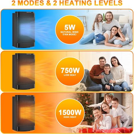 Riscaldatore elettrico silenzioso da 1500 W, termoventilatore a basso consumo con telecomando, oscillazione di 70°, 3 modalità, riscaldatore elettrico per bagno, camera da letto, soggiorno (1/4)
