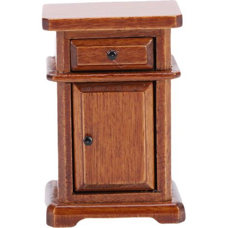 Table de chevet pour maison de poupée 1:12 en bois de bouleau avec tiroir finition brillante couleur châtaignier (1/5)