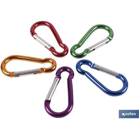 Mousqueton en aluminium de différentes couleurs : 5 x 50 mm, 6 x 60 mm, 7 x 10 mm et 9 x 80 mm