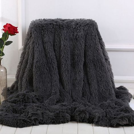 Couverture à poils longs super douce,130x160cm élégante et confortable, en fausse fourrure, pour canapé, chaise et lit, Gris2 (1/5)