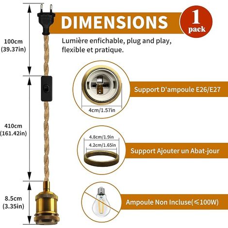 Suspension Luminaire Laiton Vintage, Douille Ampoule E27 Corde Chanvre Câble 5.1m, Salon Lustre Chambre, Abat-jour, DIY Lampe Suspendue Industrielle, Luminaire Intérieur (1/3)