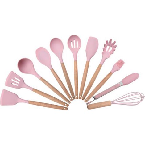 Set aus 11 Küchenutensilien aus Silikon mit Ständer, Holzgriffen, Spateln und Kochlöffeln für den Haushalt, komplettes hitzebeständiges Set. (1/5)