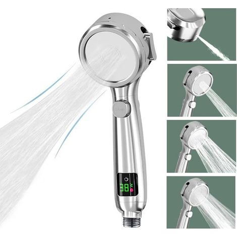(Silberner) Duschkopf mit LED-Temperaturanzeige, 4 Duschmodi, mit Pausentaste, wassersparender Duschkopf (1/5)