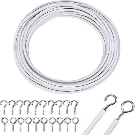 Fil à rideaux blanc de 10 m avec crochets et œillets, pour tringle à rideaux. (1/4)