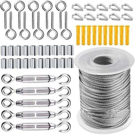 Juego de cables de acero, tensor de cable de acero para jardín, juego de tendedero de acero inoxidable, 50 m de cable de acero inoxidable recubierto de nailon para tendederos, 56 piezas