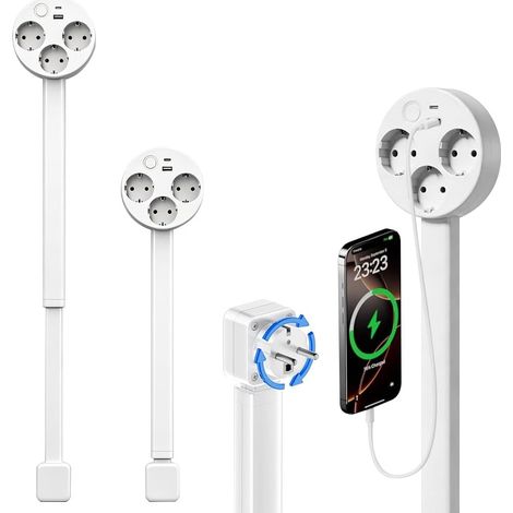 Multiprise extensible 3 prises avec ports USB, Avec interrupteur, Pivotante à 180°, Réglable 44-70 cm, 1 USB-A + 1 USB-C