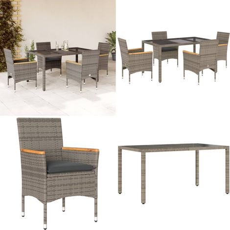 5-tlg. Garten-Essgruppe mit Kissen Grau Poly Rattan und Glas - Gartenessgruppe - Rattanmöbel (1/5)