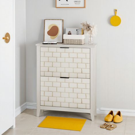 Meuble à chaussures vintage blanc 80cm-Mid-Century-2 tiroirs rabattables-Pour entrée/couloir-80x24.1x97.4(cm) (1/5)
