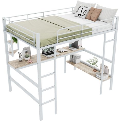 Lit mezzanine 140x200 avec bureau, étagères, bibliothèque et échelle stable, structure métal blanc pour chambre, ado ou adulte, gain de place CHICFURN (1/5)
