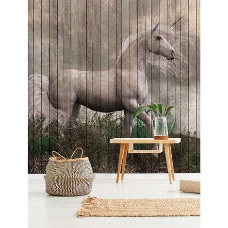 Papier peint panoramique cheval blanc Tapisserie panoramique cheval chambre fille Papier peint panoramique bois original chambre enfant (1/3)