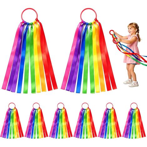 Lot de 8 bandes de danse pour enfants avec anneaux - Bande de gymnastique rythmique - Bande arc-en-ciel pour spectacle de danse et sport - 10 cm - Anneau de 45 cm (1/5)
